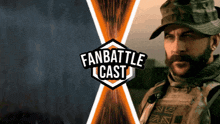 a man with a beard stands in front of a fan battle cast logo