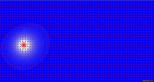 a computer generated image of a blue background with red dots and a red circle in the middle .