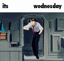a cartoon of a man standing in a doorway with the words its wednesday above him
