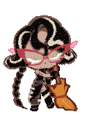 a cartoon character is holding a broom and wearing glasses .