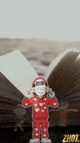 a cartoon character is standing in front of an open book and the word zhot is on the bottom right