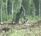a large excavator is cutting down trees in a forest