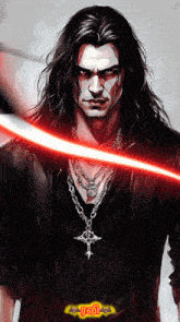a man with long black hair is holding a red lightning sword