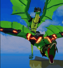 a green dragon with glowing wings is flying in the sky