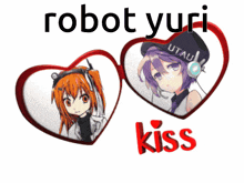 a picture of two anime girls with the words robot yuri kiss underneath them