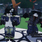 two roblox characters are standing next to each other and one of them has the name tam on his shirt