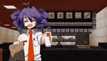 a girl with purple hair is holding a cup and a piece of paper