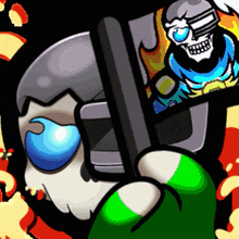 a cartoon character holding a gun with a skull on the screen