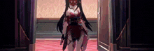 a girl in a red dress and mask is standing in a hallway holding a gun .