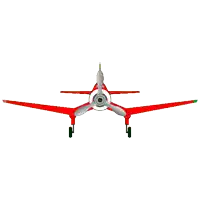 a red airplane with a white propeller is flying through the air