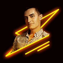 a man in a plaid shirt is surrounded by a neon lightning bolt