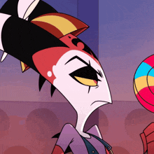 a close up of a cartoon character with a colorful hat on