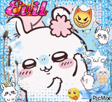 a picture of a cat with a flower on its head and the word evil written above it
