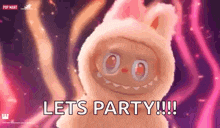 a cartoon character is standing in front of a pink background and says `` let 's party !!! '' .