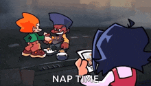 a couple of cartoon characters are standing next to each other with the words `` nap time '' written on the bottom .