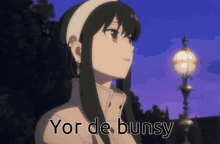 a picture of a girl with the words yor de bunsy on the bottom