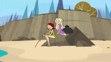 a cartoon of two women sitting on a rock on a beach