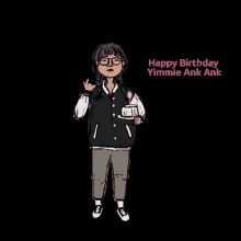 a cartoon drawing of a girl holding a cake with the words happy birthday yimmie ank ank below her