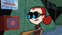 a cartoon character holding a bat in front of a sign that says " in case of ignorance break glass "