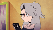 a cartoon drawing of a girl with red eyes and gray hair