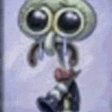 squidward from spongebob squarepants is wearing a pair of black shoes and holding a red heart .