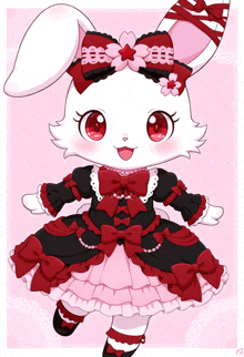 a drawing of a bunny wearing a pink and black dress