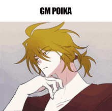 a drawing of a man with a ponytail and the words gm poika below him