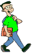 a cartoon of a man running with a backpack and a book .