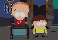 a boy in a wheelchair and another boy with crutches