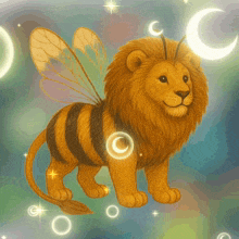 a lion with bee wings is surrounded by bubbles and chinese characters