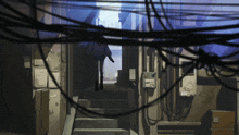 a drawing of a girl walking down stairs with a sign on the wall that says " i love you "