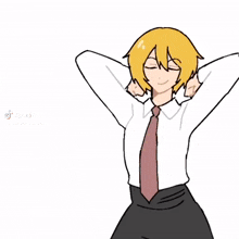 a drawing of a boy with yellow hair and orange eyes eating a slice of pizza