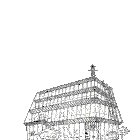 a drawing of a building surrounded by plants and flowers