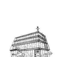 a drawing of a building surrounded by plants and flowers