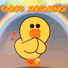 a cartoon duck is flying in the air with a rainbow in the background and says `` good morning '' .