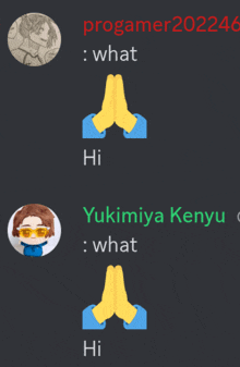 a screenshot of a conversation between progamer202246 and yukimiya kenyu