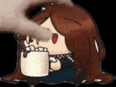 a cartoon girl is holding a cup of hot chocolate