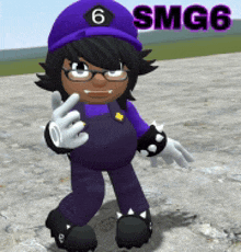 a cartoon character is wearing a purple hat and overalls with the number 6 on it