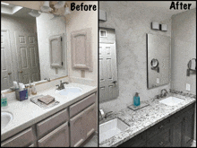 a before and after picture of a bathroom with two sinks