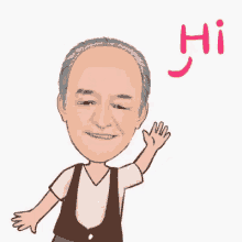 a cartoon of an older man waving his hand with the word hi written above him .