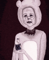 a person in a teddy bear costume is holding a bottle with a cross on it
