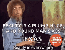 a man with a beard is painting on an easel and says that beauty is everywhere