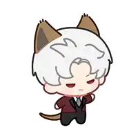 a cartoon character with cat ears and a tail is standing on a white background .