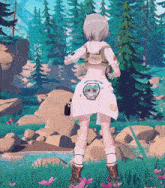 a girl in a video game has a patch on her back that says ' fishing '