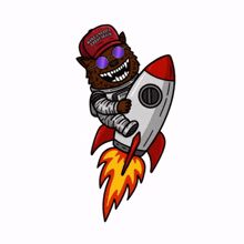 a cartoon of a wolf wearing a make america great again hat is riding a rocket