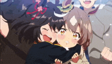 two anime girls are hugging each other and one has a hat on her head