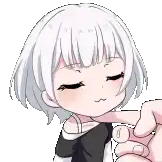 a little girl with white hair is being touched by a person 's hand .
