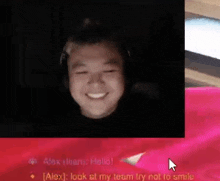 a man wearing headphones is smiling in a video chat while someone says alex look at my team try not to smile ..