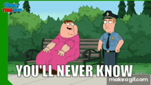 a cartoon of peter griffin sitting on a bench with a police officer