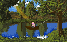 a pixel art of a person in a boat fishing in a lake
